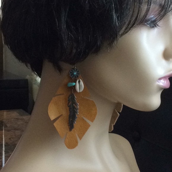 Genuine Leather Tan Leaf Earrings - Picture 1 of 7